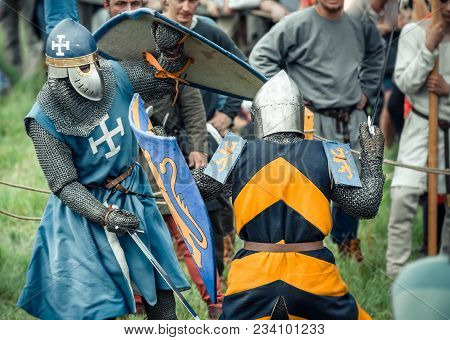 Ritter Weg, Russia, Morozovo, April 2017: Festival Of The European Middle Ages. Medieval Joust Knigh