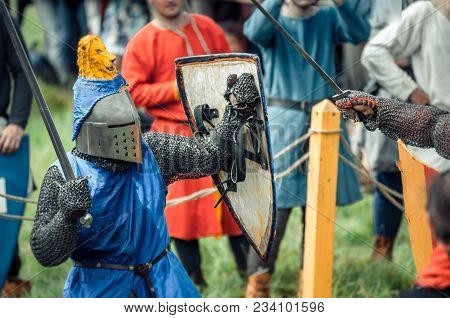 Ritter Weg, Russia, Morozovo, April 2017: Festival Of The European Middle Ages. Medieval Joust Knigh