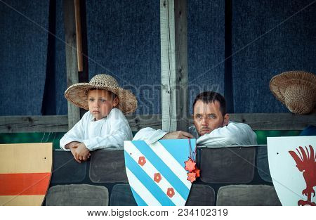 Ritter Weg, Russia, Morozovo, April 2017: Festival Of The European Middle Ages. Father And Son Watch