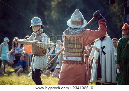 Ritter Weg, Russia, Morozovo, April 2017: Festival Of The European Middle Ages. Medieval Joust Knigh