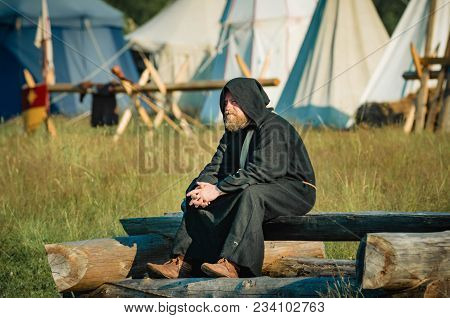 Ritter Weg, Russia, Morozovo, April 2017: Festival Of The European Middle Ages. Monks In Long Black 