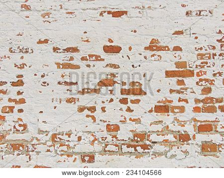 Old Wall Of Red Bricks And White Brayed And Cracked Old Paint. Red, Terracotta And White Brick Backg