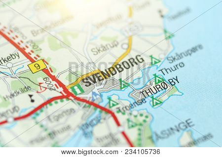 Svendborg. Kongeriget Danmark. Road On The Map.