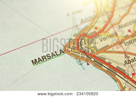 Marsala. The Island Of Sicily, Italy. Road On The Map.