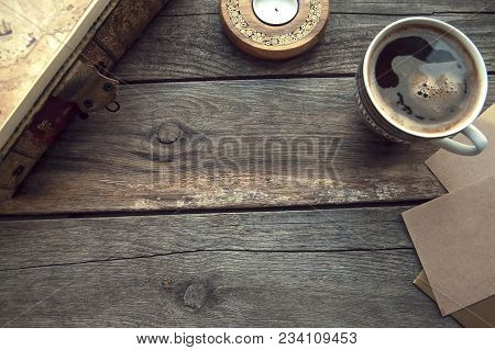 Travel And Vacation Items On Old Wooden Table. Top View
