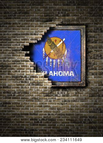 3d Rendering Of An Oklahoma State Flag Over A Rusty Metallic Plate Embedded On An Old Brick Wall