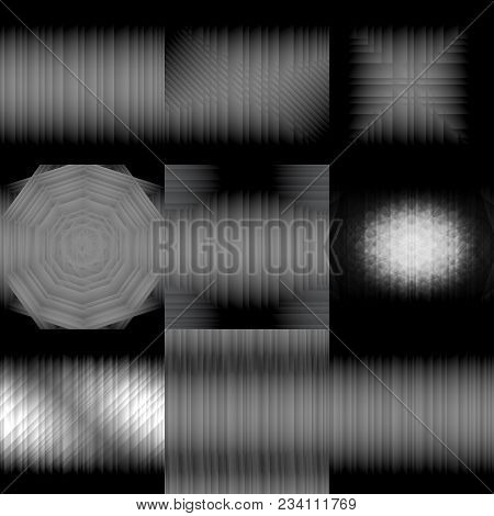 Set Of Gradient Backgrounds. Grayscale Vector Illustration. Dark 3d Like Wallpapers. Shadows And Lig