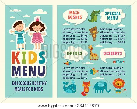 Design Template Of Kids Menu With Colored Funny Pictures And Place For Your Text. Kids Menu Restaura