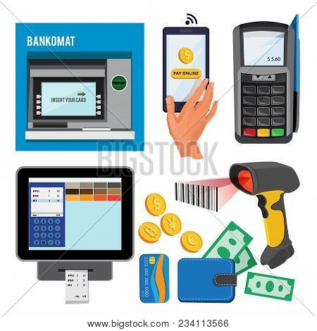 Vector Illustrations Of Bankomat And Terminal For Credit Cards Payments. Atm And Credit Card, Money 