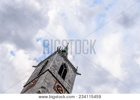 Schwaz, Austria - August 8, 2017:  Tower Of Church In  The Picturesque Town Of Schwaz In  Austrian S