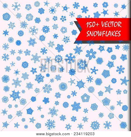 Vector Snowflakes Megaset. 150+ Simple Isolated Snowflakes Illustrations. Monochrome Snow Background
