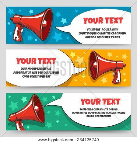 Announcement Megaphone Banners. Card Banner Set With Bullhorn Or Speaking Trumpet For Sale Voucher O