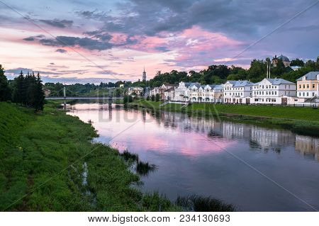 Dramatic Sunset Sky Over The Tvertsa River And Its Picturesque Shores After Storm. Russian Provincia