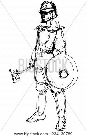 Black And White Vector Sketch Medieval Warrior In Armor With Ax And Shield
