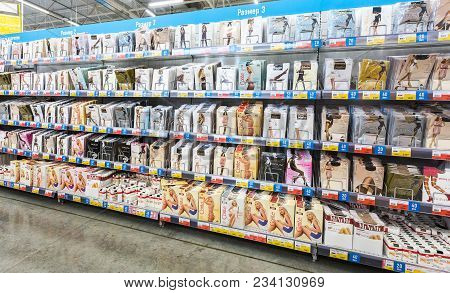 Samara, Russia - March 24, 2018: Different Ladies Pantyhose For Sale At The Lenta Store. Lenta Is On