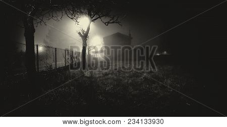 Abandoned Haunted House In The Mist At Night