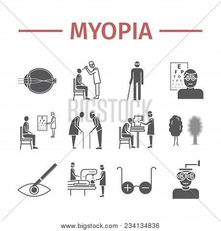 Myopia Icons Set. Vector Illustration For Websites, Magazines, Brochures