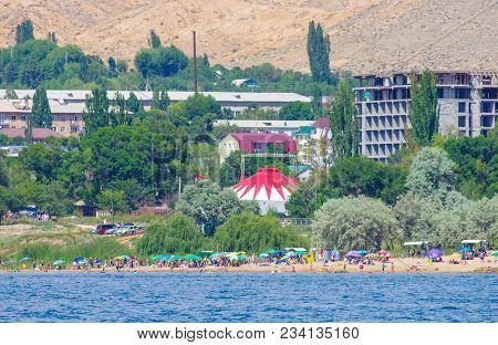 Busy Beach Area With Hot Weather And Swimming Near Cholpon-ata, Issyk-kul Lake, Kyrgyzstan 30.07.201