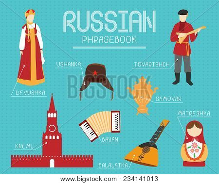 Joky Russian Phrasebook With Stereotype Words Such As Matreshka, Balalaika And Etc.