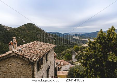 Aerial View Of Small European Town In Mountains, Peille, France