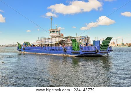 Klaipeda, Lithuania - August 20, 2017:  Big Passenger Barge And View On Klaipeda Port In  Curonian L