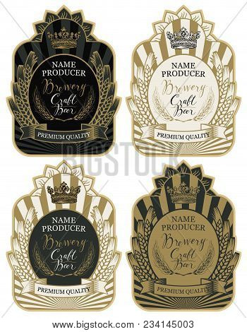 Set Of Labels With Wheat Ears, Crown And Handwritten Inscriptions In Figured Frames. Vector Labels F