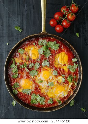 Close Up Of Rustic Middle Eastern Shakshuka Breakfast