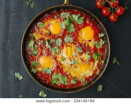 Close Up Of Rustic Middle Eastern Shakshuka Breakfast