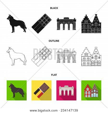 Chocolate, Cathedral And Other Symbols Of The Country.belgium Set Collection Icons In Black, Flat, O