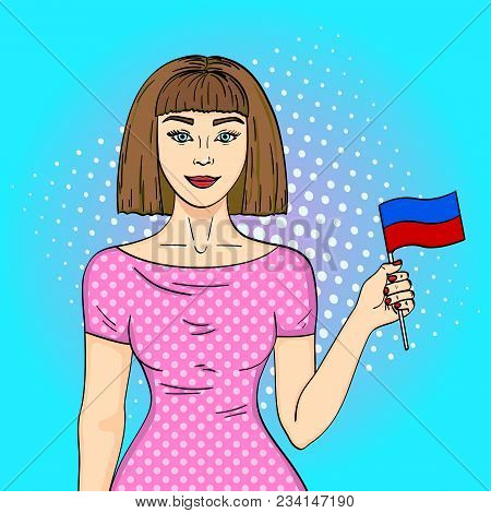 Pop Art Young Beautiful Girl Holding A Flag Of The Republic Of Haiti. Comic Book Style Imitation. Vi