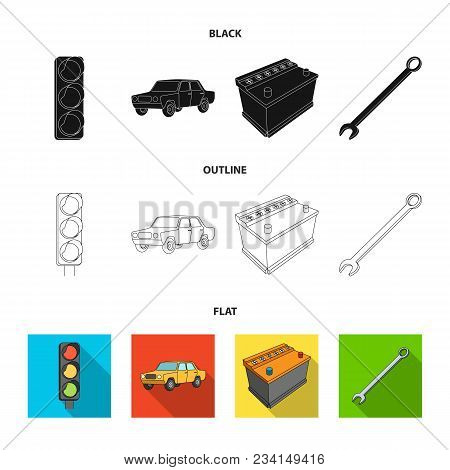 Traffic Light, Old Car, Battery, Wrench, Car Set Collection Icons In Black, Flat, Outline Style Vect