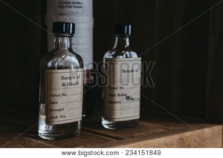 Brora, Scotland - March 22, 2018: Samples Of Clynelish Whiskey Inside Brora Distillery, Scotland. Th