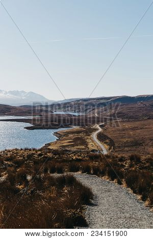View Of The Loch Leathan And The Road From Old Man Of Storr Trek, Isle Of Skye, Scotland, Snowcapped