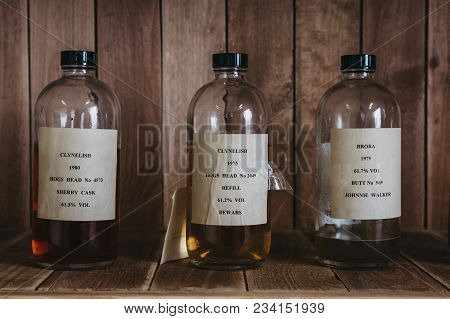 Brora, Scotland - March 22, 2018: Samples Of Clynelish Whiskey Inside Brora Distillery, Scotland. Th