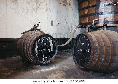 Brora, Scotland - March 22, 2018: Barrels Of Clynelish Whiskey Inside Brora Distillery, Scotland. Th