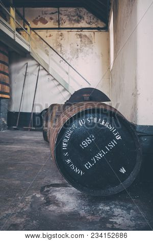 Brora, Scotland - March 22, 2018: Barrel Of Clynelish Whiskey Inside Brora Distillery, Scotland. The