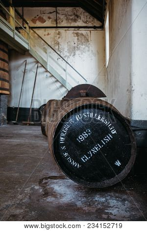 Brora, Scotland - March 22, 2018: Barrel Of Clynelish Whiskey Inside Brora Distillery, Scotland. The