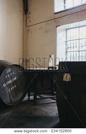 Brora, Scotland - March 22, 2018: Barrel Of Clynelish Whiskey Inside Brora Distillery, Scotland. The