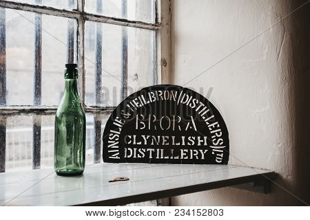 Brora, Scotland - March 22 2018:  Metal Name Sign Inside Brora Distillery, Scotland. The Distillery 