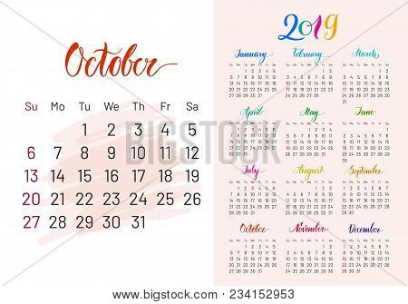 Colorful Planner, 2019, October Separately, White-blue Background, Lettering, Artboard. Stylish Annu