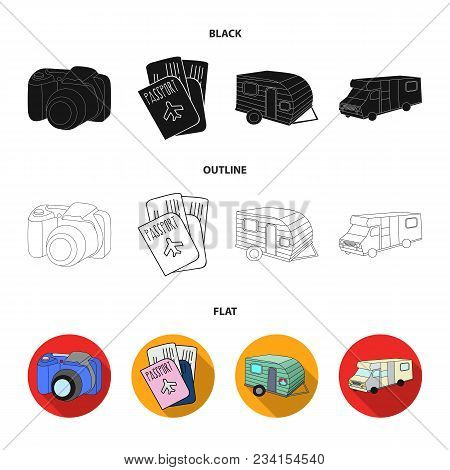 Vacation, Photo, Camera, Passport .family Holiday Set Collection Icons In Black, Flat, Outline Style