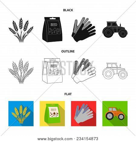 Spikelets Of Wheat, A Packet Of Seeds, A Tractor, Gloves.farm Set Collection Icons In Black, Flat, O