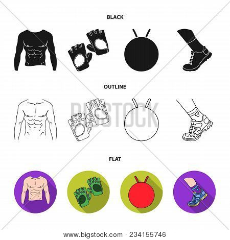Men Torso, Gymnastic Gloves, Jumping Ball, Sneakers. Fitnes Set Collection Icons In Black, Flat, Out