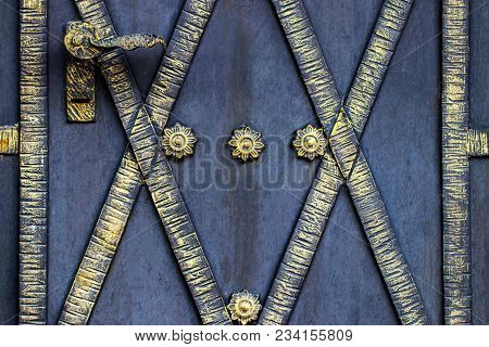 Details, And Ornaments Of Wrought Iron Fence With Gate.