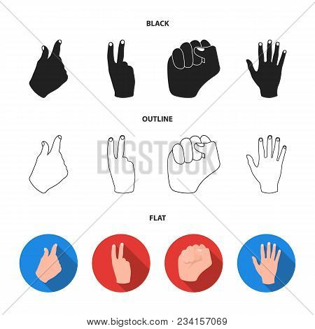 Open Fist, Victory, Miser. Hand Gesture Set Collection Icons In Black, Flat, Outline Style Vector Sy