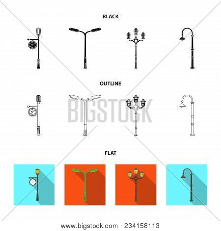 Lamppost In Retro Style, Modern Lantern, Torch And Other Types Of Streetlights. Lamppost Set Collect
