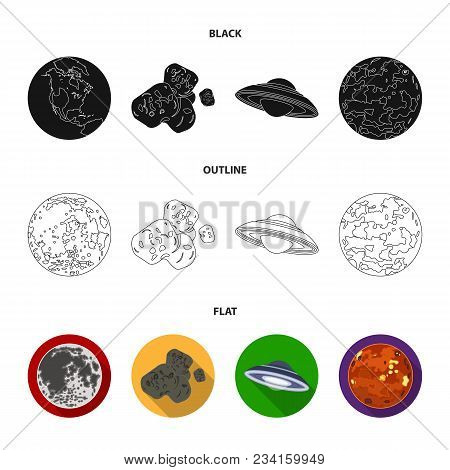 Moon, Venus Of The Planet Of The Solar System. Nil, A Meteorite. Planets Set Collection Icons In Bla
