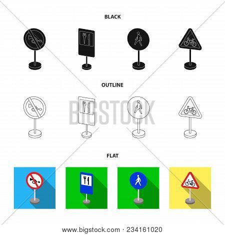 Different Types Of Road Signs Black, Flat, Outline Icons In Set Collection For Design. Warning And P