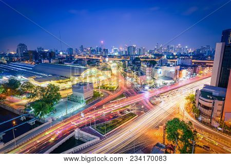 Bangkok Railway Station( Hua Lamphong) With Lights Of Cars At Twilight In Bangkok, Thailand.