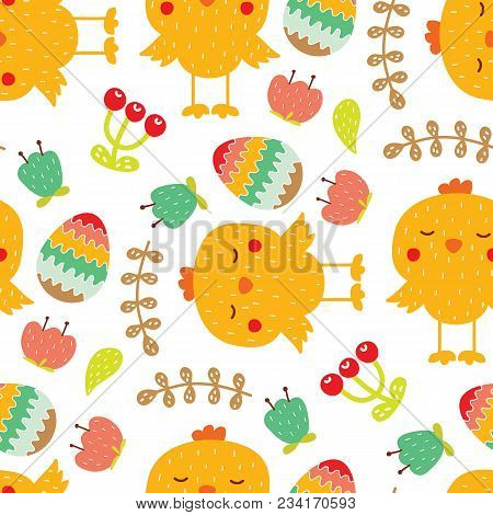 Cute Easter Seamless Pattern In Flat Style. Vector Illustration